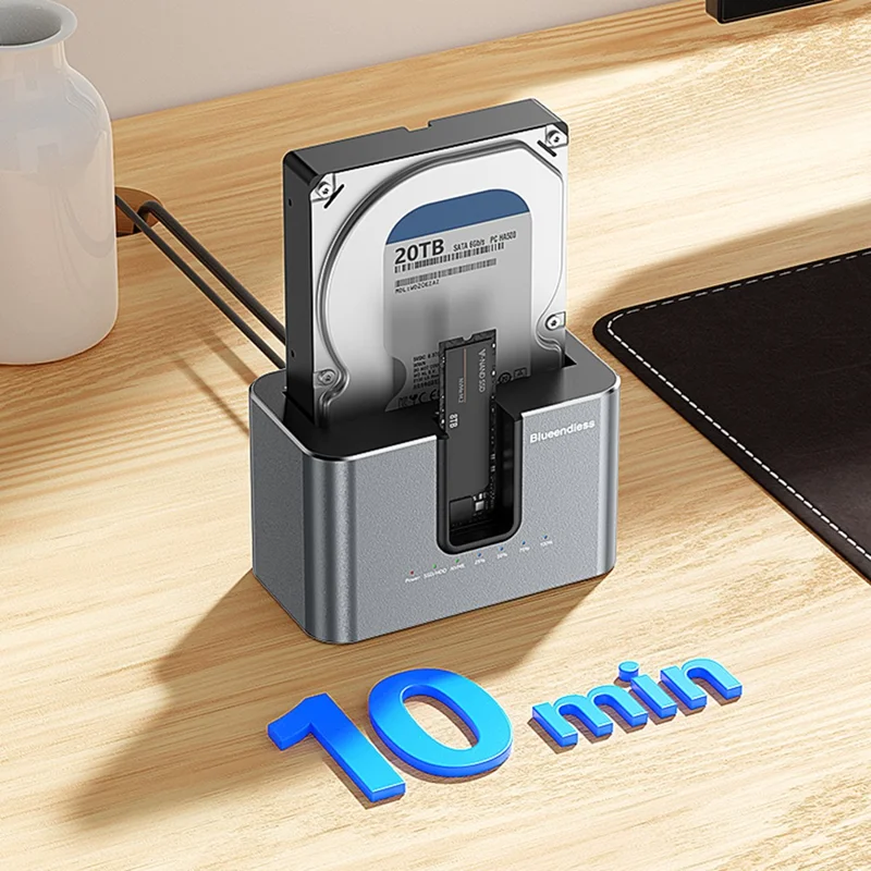 BLUEENDLESS HD01N Estação de Acoplamento para HDD SSD de 2,5 / 3,5 Polegadas com Dupla Baía, Clone Offline M.2 NVMe SATA, Conversor de Armazenamento USB 3.2 - Tomada UE