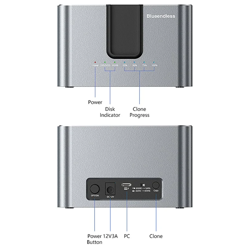 BLUEENDLESS HD01N Estação de Acoplamento para HDD SSD de 2,5 / 3,5 Polegadas com Dupla Baía, Clone Offline M.2 NVMe SATA, Conversor de Armazenamento USB 3.2 - Tomada UE
