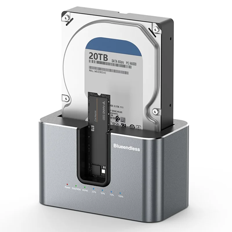 BLUEENDLESS HD01N Estação de Acoplamento para HDD SSD de 2,5 / 3,5 Polegadas com Dupla Baía, Clone Offline M.2 NVMe SATA, Conversor de Armazenamento USB 3.2 - Tomada UE