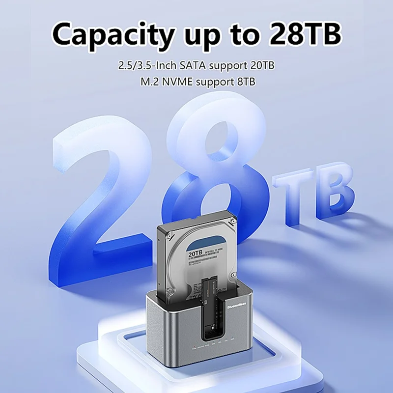 BLUEENDLESS HD01N Estação de Acoplamento para HDD SSD de 2,5 / 3,5 Polegadas com Dupla Baía, Clone Offline M.2 NVMe SATA, Conversor de Armazenamento USB 3.2 - Tomada UE