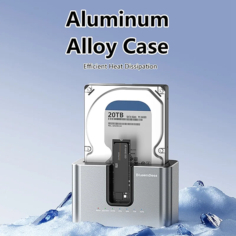 BLUEENDLESS HD01N Estação de Acoplamento para HDD SSD de 2,5 / 3,5 Polegadas com Dupla Baía, Clone Offline M.2 NVMe SATA, Conversor de Armazenamento USB 3.2 - Tomada UE