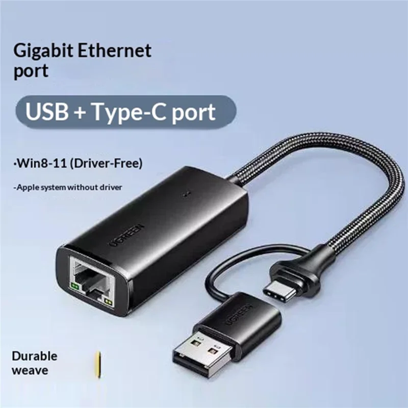 UGREEN 15638 USB-A + USB-C 2 in 1 Gigabit RJ45 Network Adapter 1000Mbps - Black