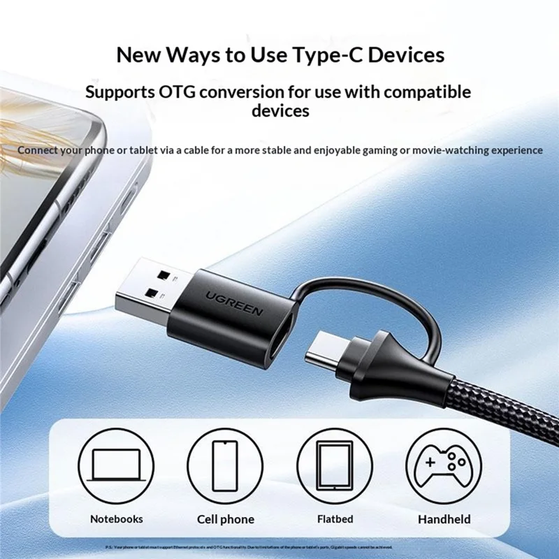UGREEN 15638 USB-A + USB-C 2 in 1 Gigabit RJ45 Network Adapter 1000Mbps - Black