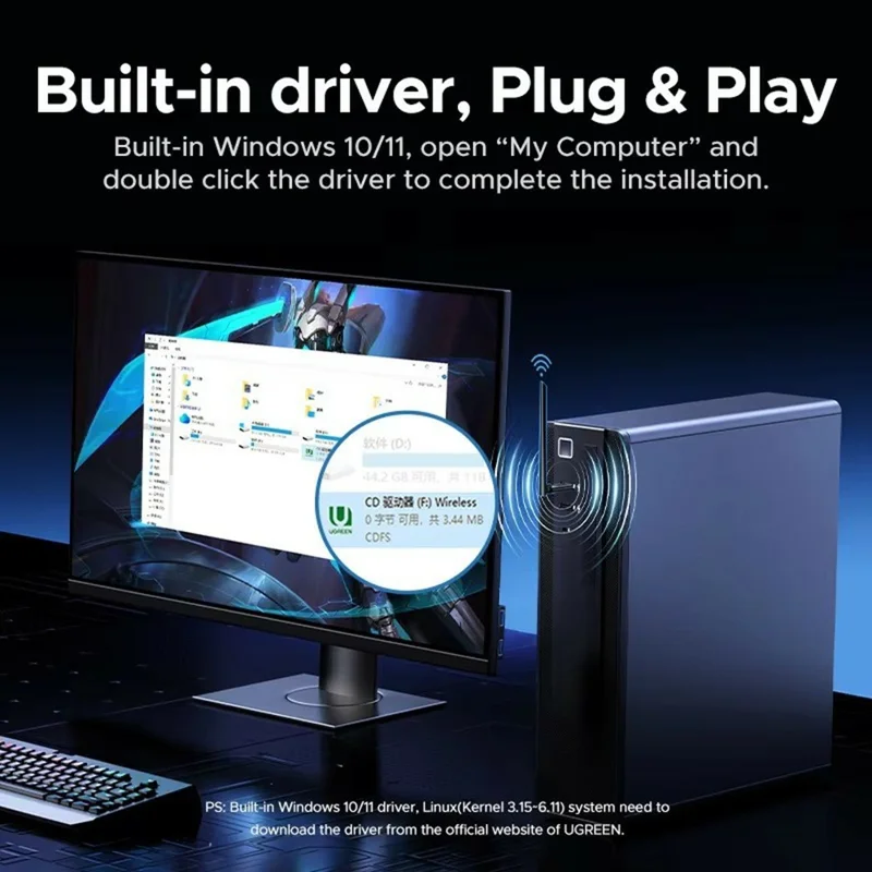 UGREEN CM845 75109 AX900 WiFi 6 Bluetooth-compatible 5.4 USB Wireless Adapter 900Mbps 6dBi Antenna - Black