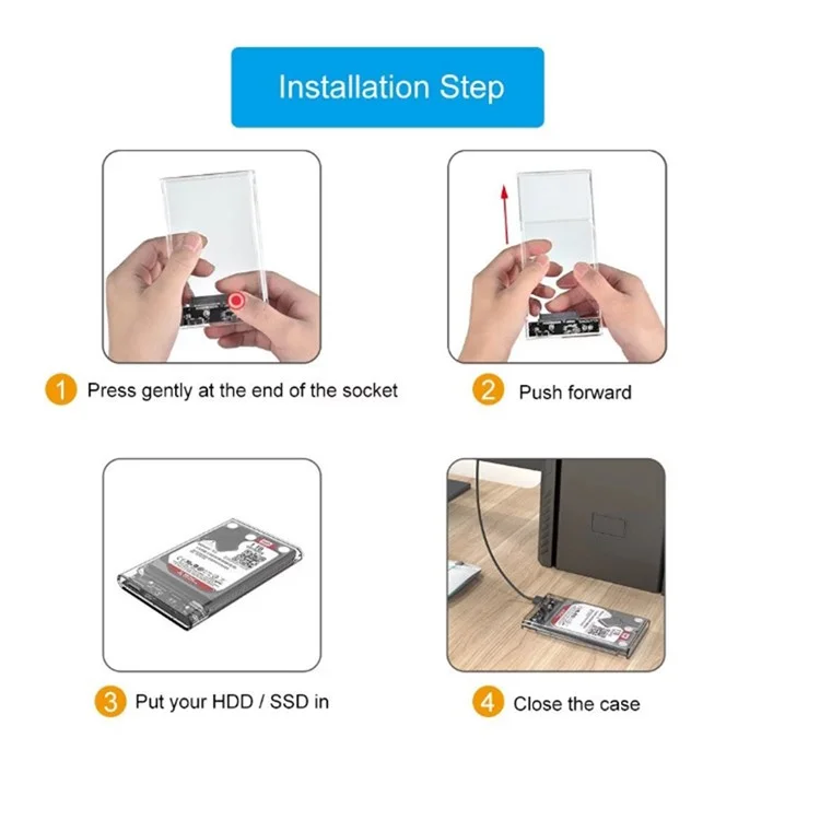 2.5'' External Hard Drive Enclosure USB 3.0 to SATA Clear Hard Disk Case for Mac OS and Windows, Supporting Max 6TB