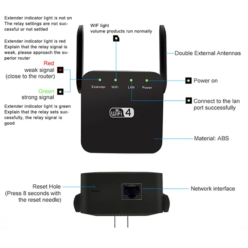 WD-611U 300Mbps 2.4GHz WiFi Extender Repeater Wireless Signal Booster Amplifier - Black / UK Plug