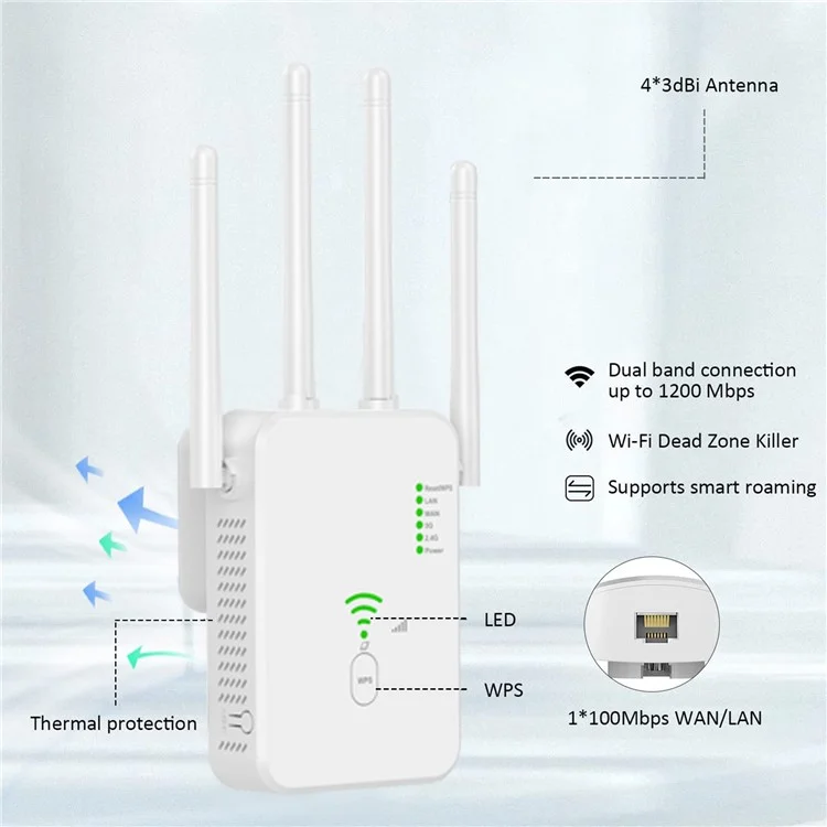 UNT-10 WiFi Repeater Router Wireless Signal Booster Dual-Band 1200Mbps WiFi Extender - Black / US Plug