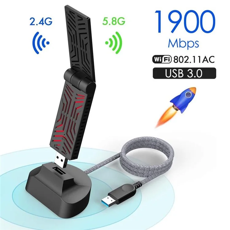 WAVLINK WS-WN690A5D-A Tarjeta de Red USB 3.0 AC1900M de 2.4 GHz y 5 GHz de Banda Dual Adaptador Inalámbrico para PC