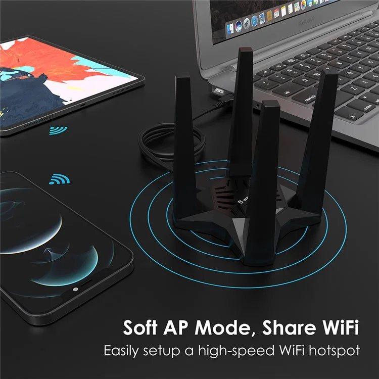 WAVLINK WS-WN693A5-A AC1900 беспроводной двухдиапазонный USB 3.0 адаптер 5G / 2.4G Сетевая карта Wi-Fi с внешними высокомощными антеннами