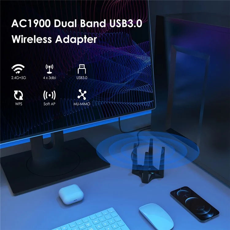 WAVLINK WS-WN693A5-A AC1900 беспроводной двухдиапазонный USB 3.0 адаптер 5G / 2.4G Сетевая карта Wi-Fi с внешними высокомощными антеннами