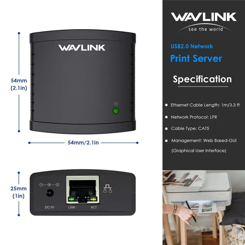 WAVLINK NU72P11 USB 2.0 Ethernet Network Printer Power Adapter 100Mbps Network Print Server - EU Plug