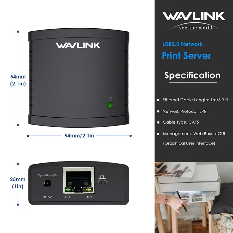 WAVLINK NU72P11 USB 2.0 Ethernet Network Printer Power Adapter 100Mbps Network Print Server - AU Plug