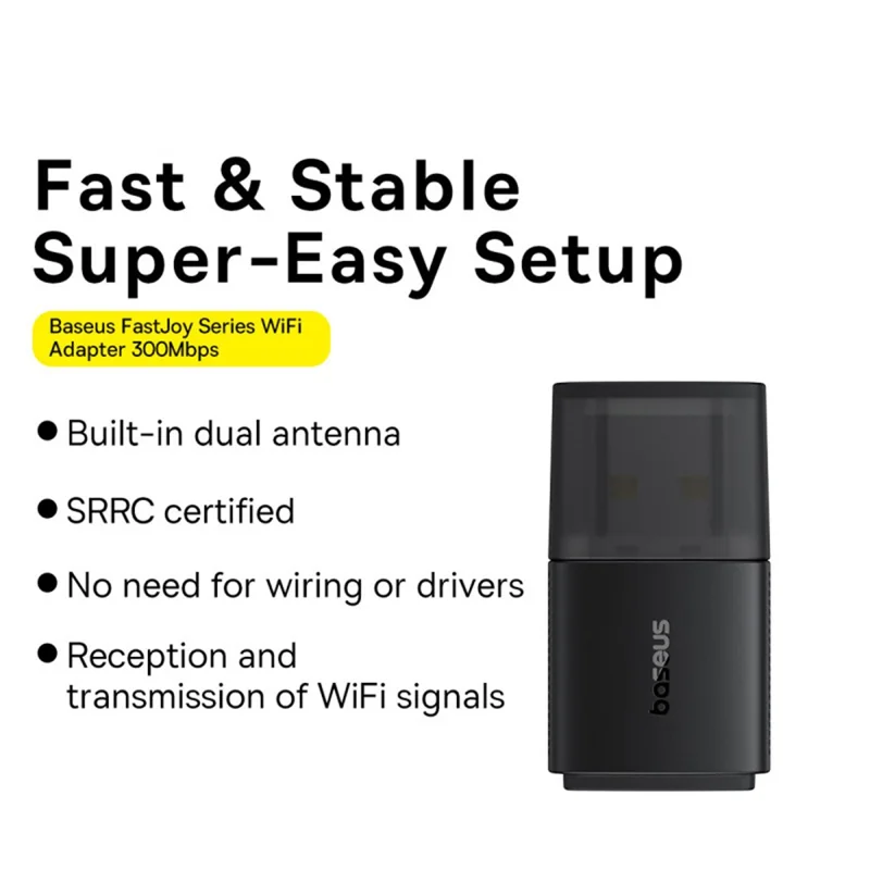 BASEUS FastJoy Series Plug and Play 300Mbps 2.4G WiFi Adapter with Built-in Antenna - Black