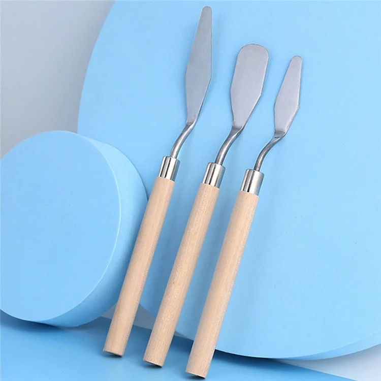 3Pcs GD-1 / 2 / 3 Oil Painting Wood Handle Stainless Steel Scraper Pigment Color Mixing Scraper Set