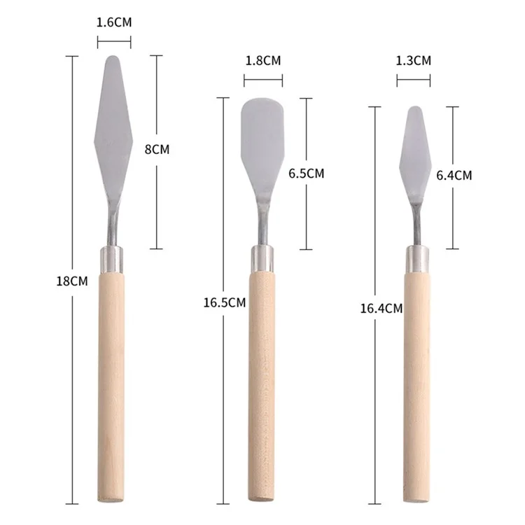 3Pcs GD-1 / 2 / 3 Oil Painting Wood Handle Stainless Steel Scraper Pigment Color Mixing Scraper Set