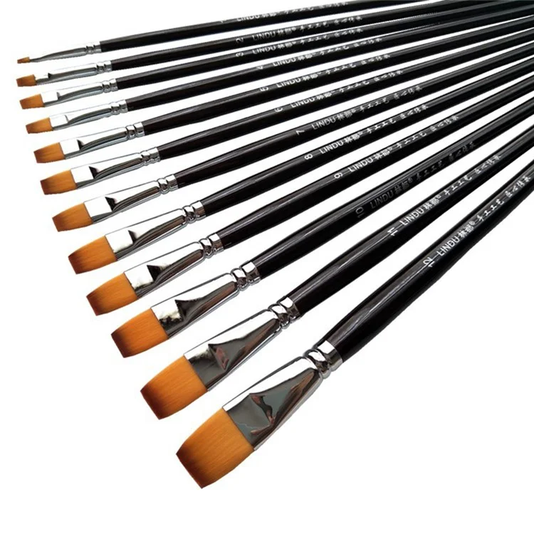 LINDU 6Pcs Flat Nylon Tips Paint Brush Set Wooden Handle Painting Brushes with 2 / 4 / 6 / 8 / 10 / 12 Paintbrush