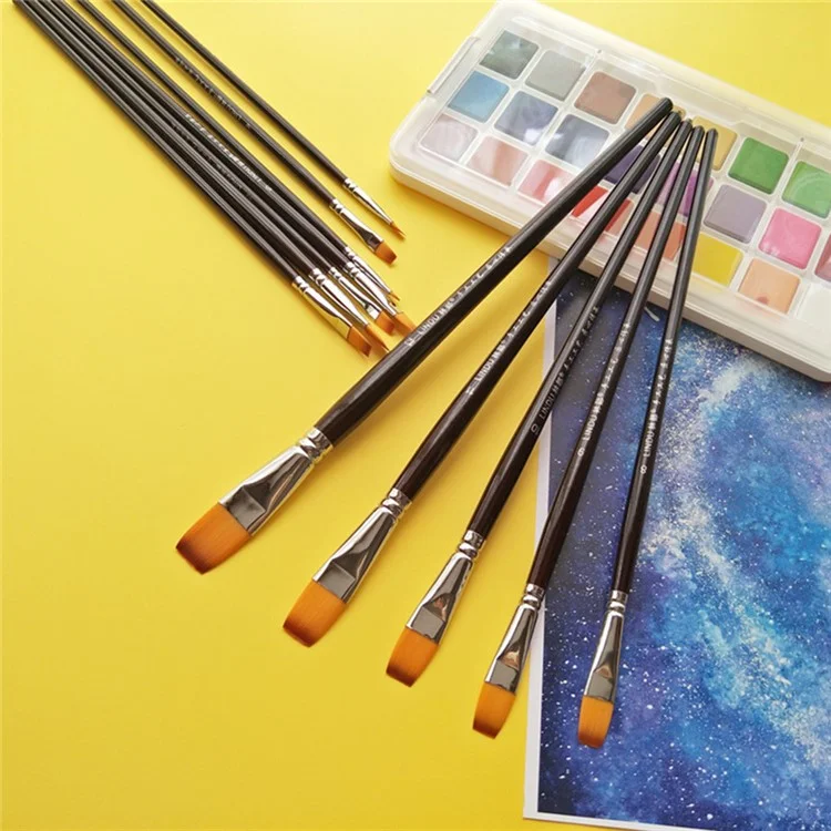 LINDU 6Pcs Flat Nylon Tips Paint Brush Set Wooden Handle Painting Brushes with 2 / 4 / 6 / 8 / 10 / 12 Paintbrush