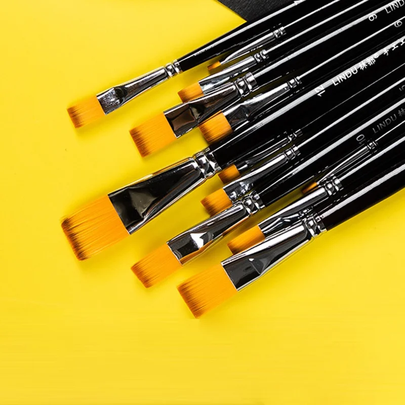 LINDU 6Pcs Flat Nylon Tips Paint Brush Set Wooden Handle Painting Brushes with 2 / 4 / 6 / 8 / 10 / 12 Paintbrush