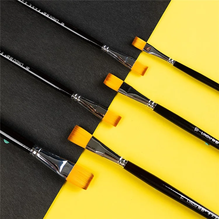 LINDU 6Pcs Flat Nylon Tips Paint Brush Set Wooden Handle Painting Brushes with 2 / 4 / 6 / 8 / 10 / 12 Paintbrush
