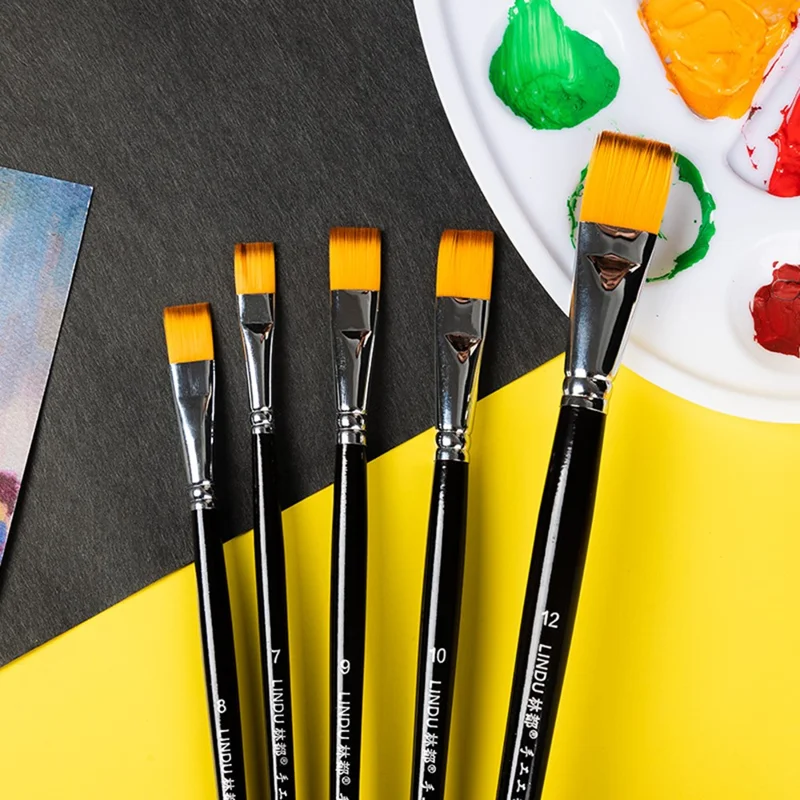 LINDU 6Pcs Flat Nylon Tips Paint Brush Set Wooden Handle Painting Brushes with 2 / 4 / 6 / 8 / 10 / 12 Paintbrush