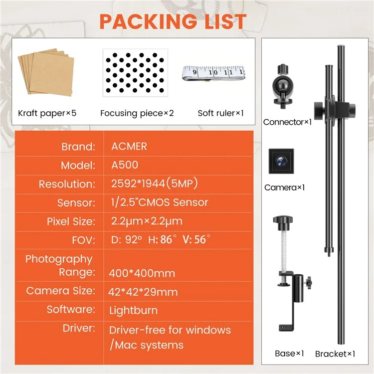ACMER A500 Laser Engraver Camera Lightburn Camera Lasercam for Engraving Cutting
