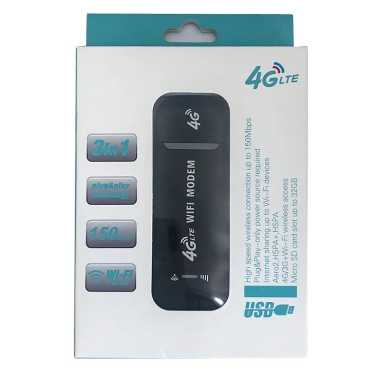 4G LTE B1 / B3 / B5 Modem USB WiFi Dongle 150Mbps Mini Roteador de Hotspot Móvel - Preto