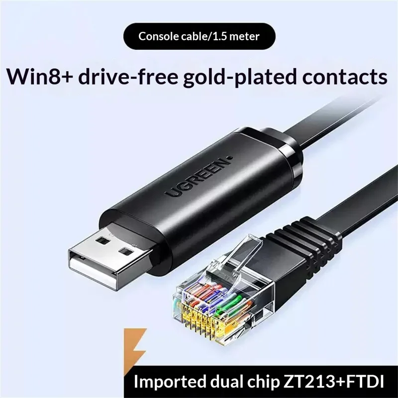 UGREEN CM204 50773 Cabo de Consola USB 2.0 para RJ45 de 1,5 m com Chip FTDI para Router Switch Server - Preto