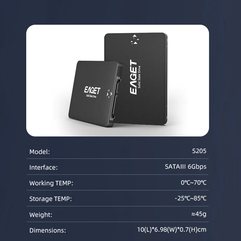 EAGET S205 240 GB 2,5-calowa pamięć SSD SATA III, obudowa dysku twardego, wewnętrzny dysk SSD do laptopa i komputera stacjonarnego - Czarny