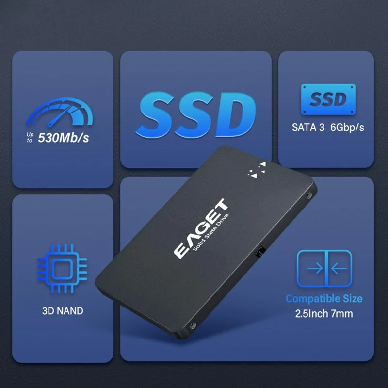 EAGET S205 1 To 2,5 pouces SATA III SSD Disque Boîtier Interne Disque Dur État Solide pour Ordinateur Portable et de Bureau - Noir