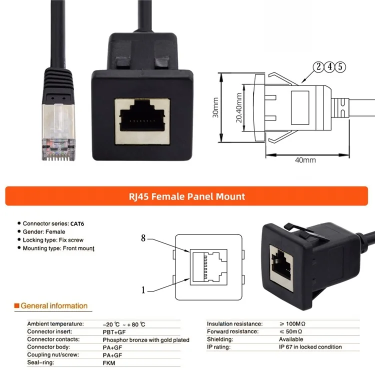 UT-016-1.0M 1m Waterproof Latch Locking CAT6 RJ45 Male to Female Car Panel Mount Design Lan Ethernet Network Extension Cable