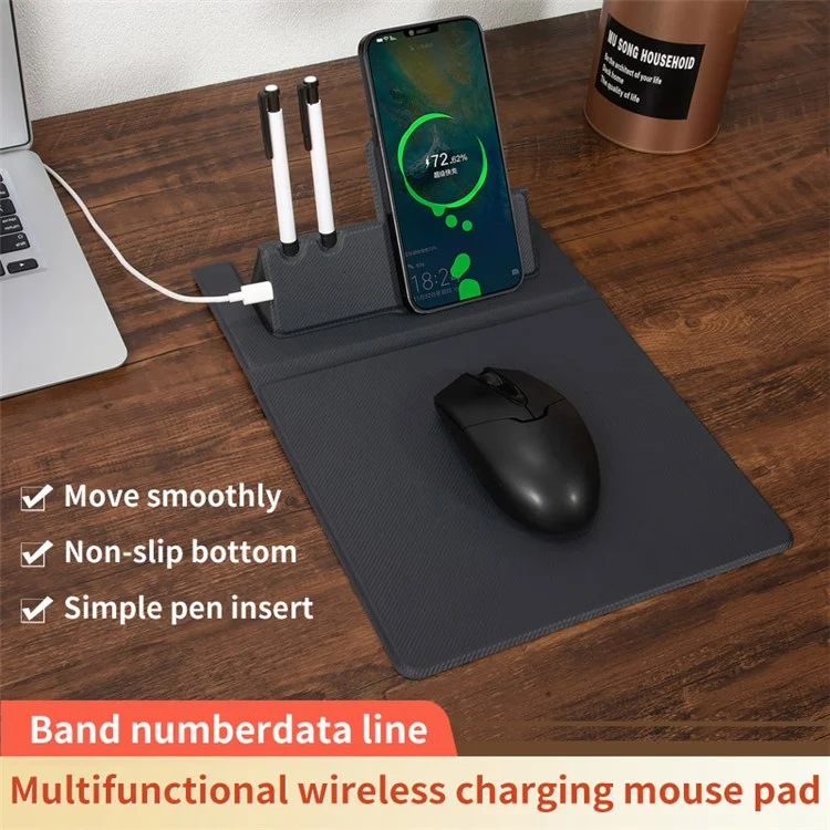 Alfombrilla para ratón plegable de piel sintética de PU, cargador de teléfono inalámbrico de 15 W con soporte para bolígrafo