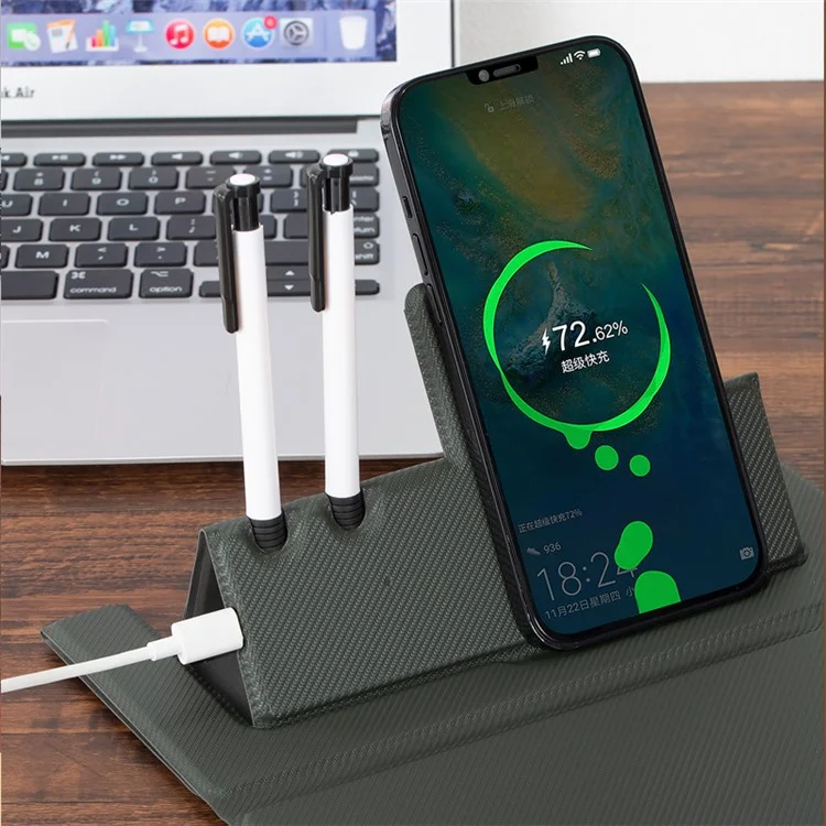 Alfombrilla para ratón plegable de piel sintética de PU, cargador de teléfono inalámbrico de 15 W con soporte para bolígrafo