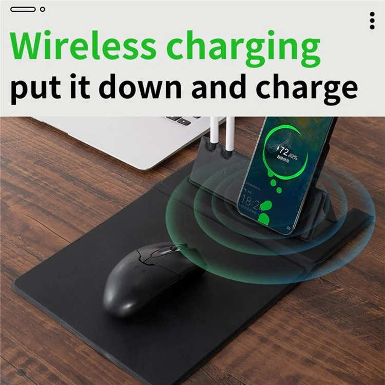 Alfombrilla para ratón plegable de piel sintética de PU, cargador de teléfono inalámbrico de 15 W con soporte para bolígrafo