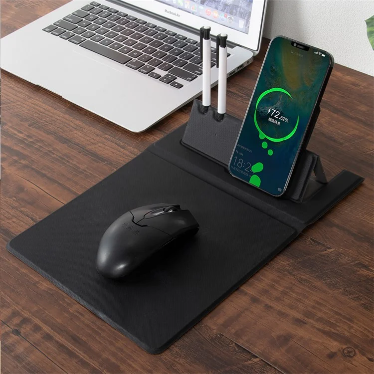 Alfombrilla para ratón plegable de piel sintética de PU, cargador de teléfono inalámbrico de 15 W con soporte para bolígrafo