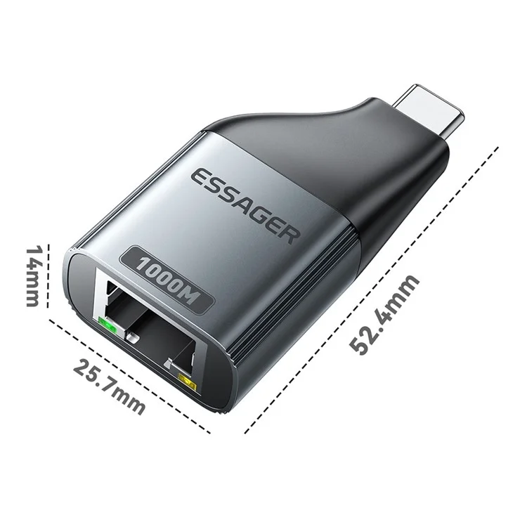 ESSAGER 1000Mbps Ethernet LAN Adapter Aluminio Aleación Tipo-C a RJ45 Conector de Red Gigabit