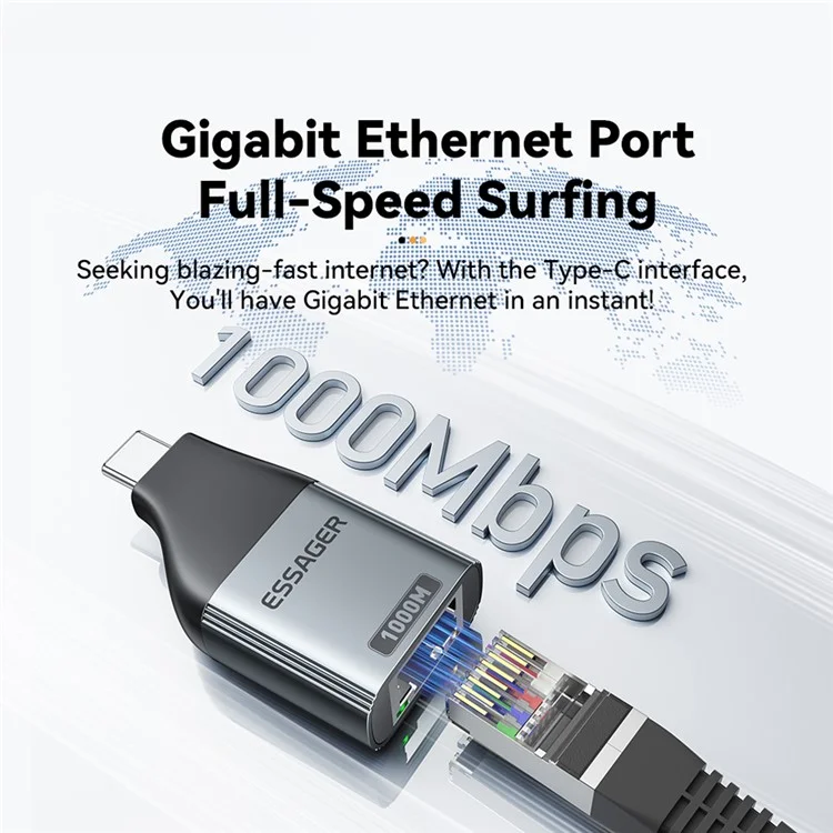 ESSAGER 1000Mbps Ethernet LAN Adapter Aluminio Aleación Tipo-C a RJ45 Conector de Red Gigabit