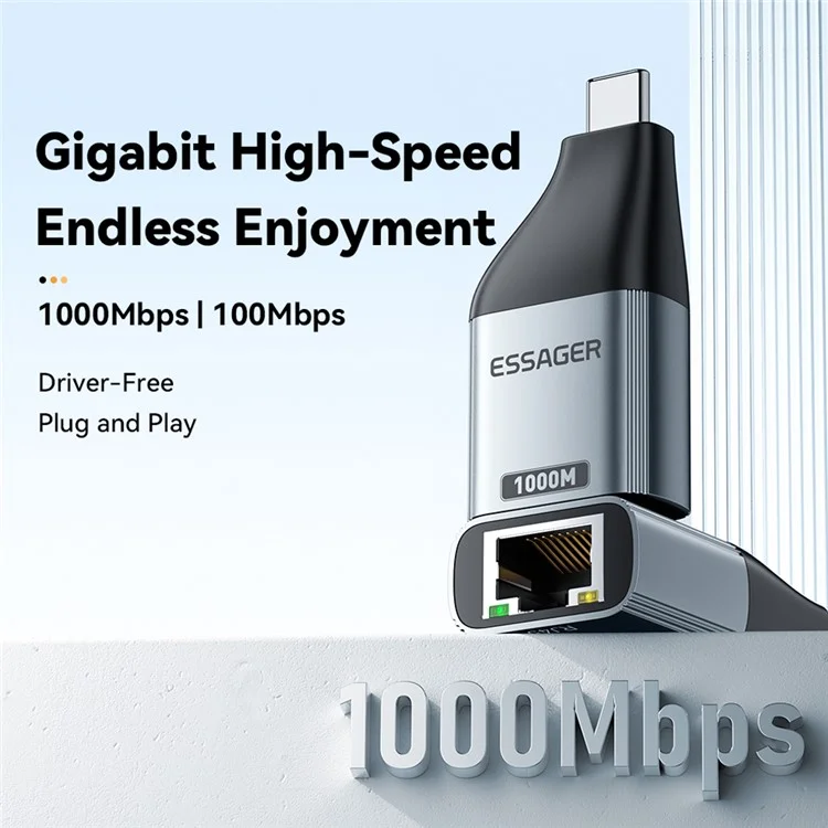 ESSAGER 1000Mbps Ethernet LAN Adapter Aluminio Aleación Tipo-C a RJ45 Conector de Red Gigabit
