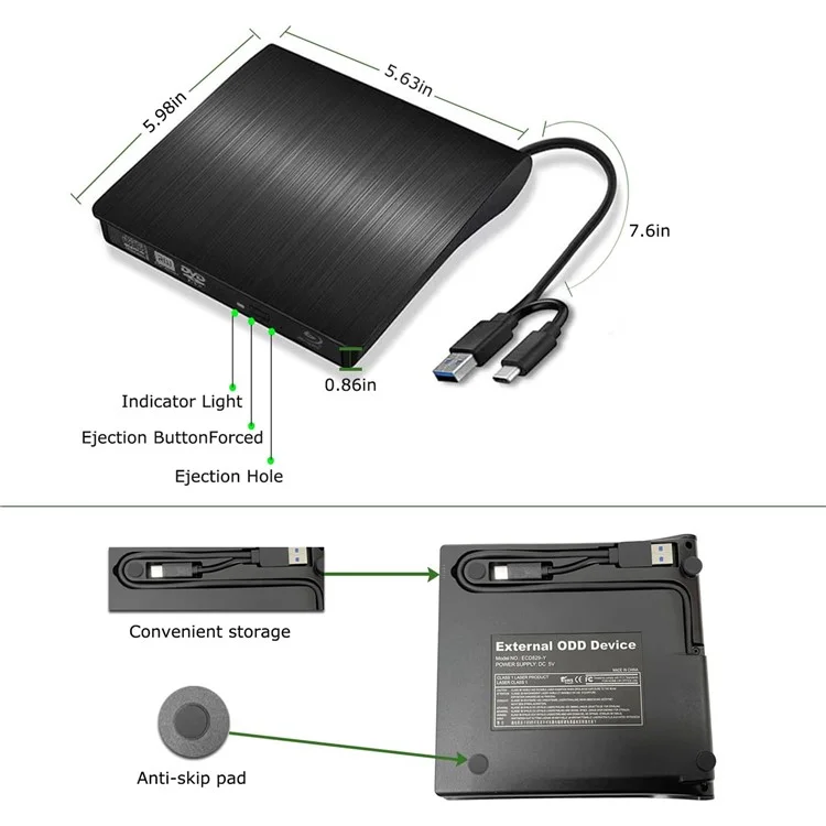 USB C USB3.0 Blu-Ray DVD Burner External Optical Drive Portable Slim Design Plug and Play for Desktop / Laptop