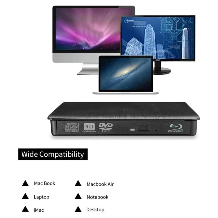 USB C USB3.0 Blu-Ray DVD Burner External Optical Drive Portable Slim Design Plug and Play for Desktop / Laptop
