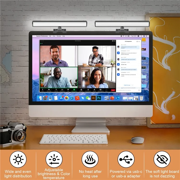 2 piezas de barra de luz LED de aleación de aluminio para monitor de ordenador Lámpara de monitor Iluminación asimétrica que cuida los ojos para videoconferencia/streaming