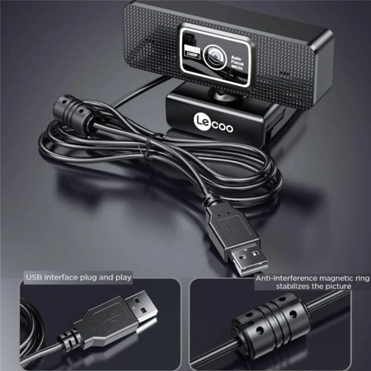 Webcam LENOVO LECOO WEC02 HD 1080p con Enfoque Automático y Micrófono Integrado para Clases Online, Enseñanza, Streaming y Reuniones