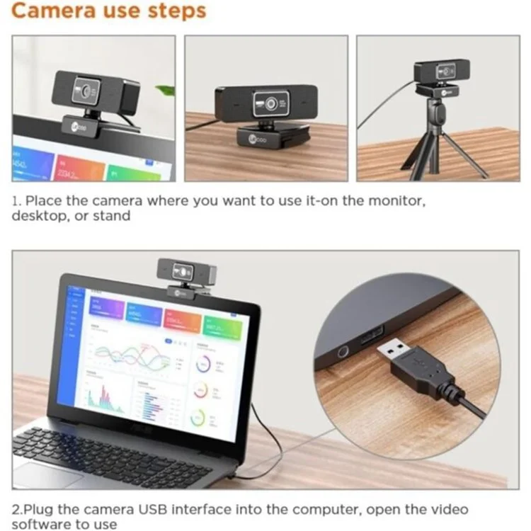 Webcam LENOVO LECOO WEC02 HD 1080p con Enfoque Automático y Micrófono Integrado para Clases Online, Enseñanza, Streaming y Reuniones