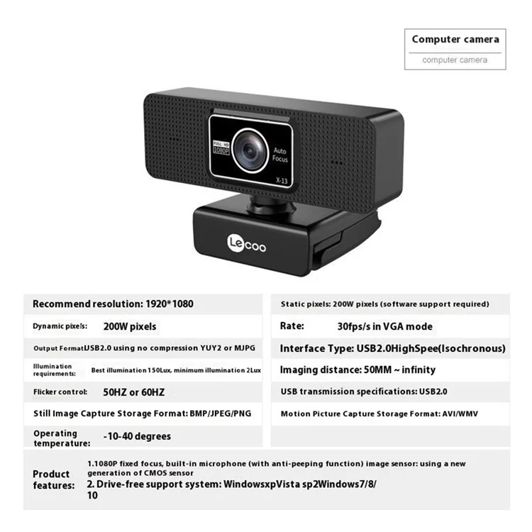 Webcam LENOVO LECOO WEC02 HD 1080p con Enfoque Automático y Micrófono Integrado para Clases Online, Enseñanza, Streaming y Reuniones