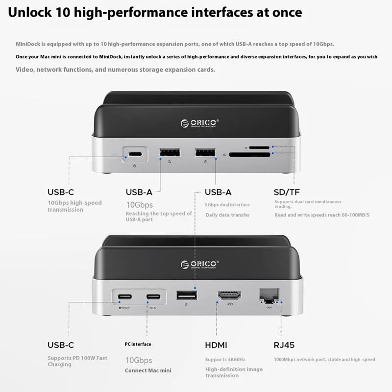 ORICO VS10 Base de expansión convertidor para Mac mini M4, carcasa para SSD M.2, base de almacenamiento de escritorio, capacidad de 2 TB