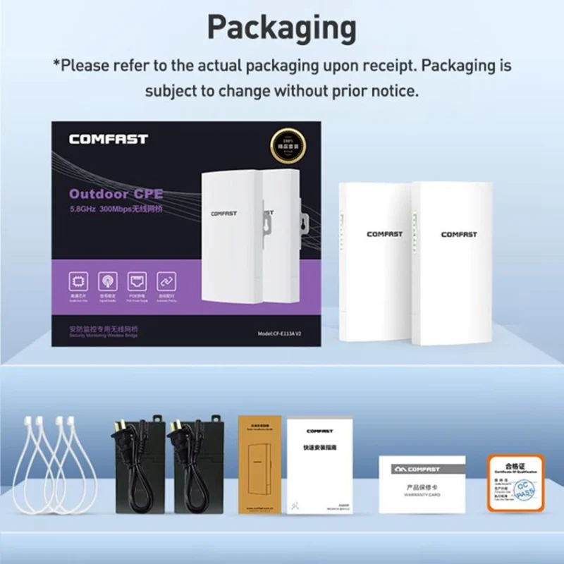 COMFAST CF-E113A V2 2Pcs 5.8GHz 300Mbps 11dBi Monitoring Bridge WiFi Router AP Repeater with PoE Power Supply Set