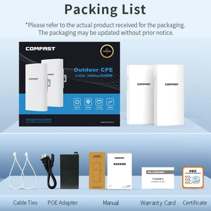 COMFAST CF-E112N V2 2Pcs 2.4GHz 300Mbps 9dBi Monitoring Bridge WiFi Router AP Repeater with PoE Power Supply Set