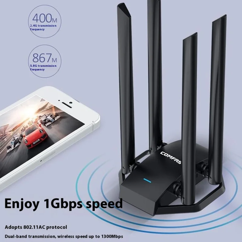 COMFAST CF-WU785AC 1300Mbps Dual Band WiFi Router USB Network Adapter with 4 Antennas