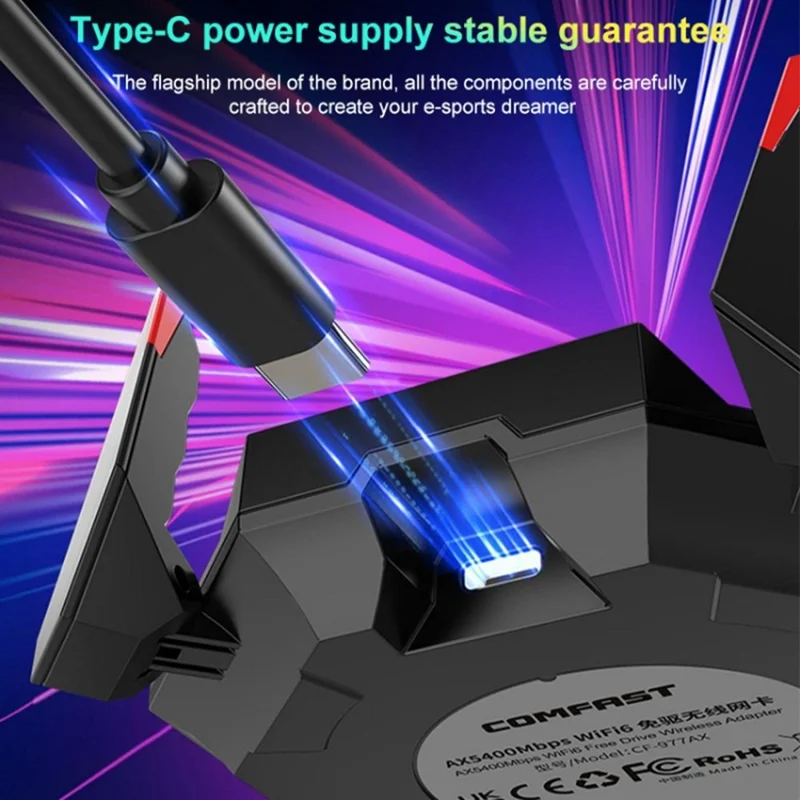 COMFAST CF-977AX 5400Mbps Tri-Band Wireless Network Card WiFi6 Type C Adapter with 4 External Antennas