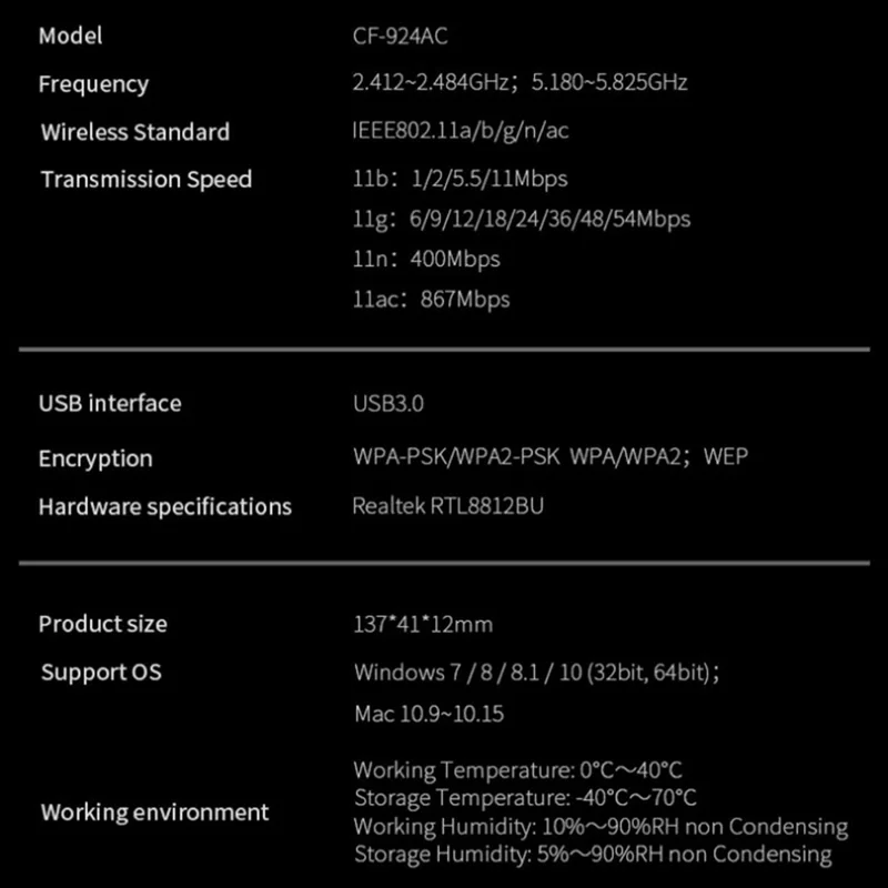 COMFAST CF-924AC V2 1300 Mbps höghastighets dubbelband trådlösa nätverkskort USB 3.0 WiFi-adapter