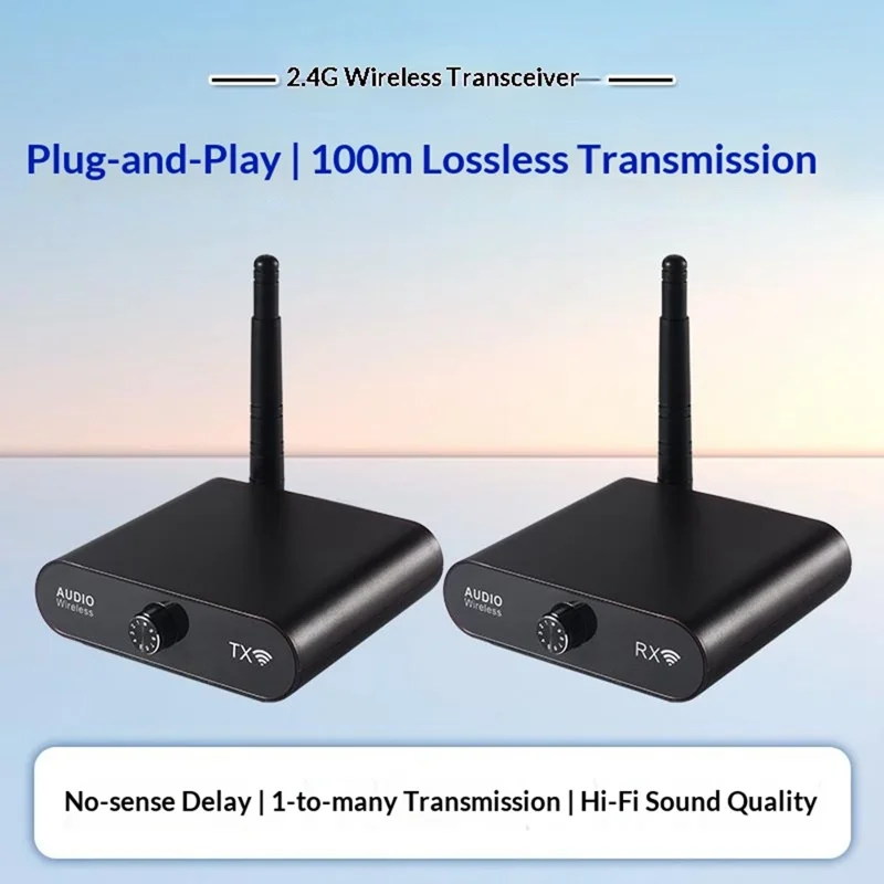 MEASY AU2410 Trasmettitore Audio Wireless con Range 100m, Controllo Volume Doppio Lato Ricevitore Set (1 Trasmettitore + 1 Ricevitore) 1 a 8 Multi-Dispositivo